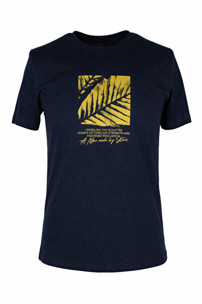 trender 26Y595000010 Navy Blue Men's T-Shirt with Leaf O-Neck Print