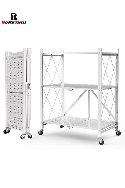 RollsTimi Foldable 3-Tier Storage Shelves with Wheels, Folding Bookshelf No A...