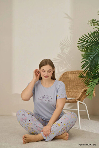 Pijamoni Women's Plus Size Polyviscose Fabric Gray Pajama Set