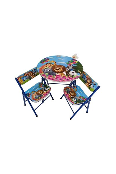 OEMN Masă pliabilă pentru copii, 2 scaune, 60x60 cm, model cu animale, albastru