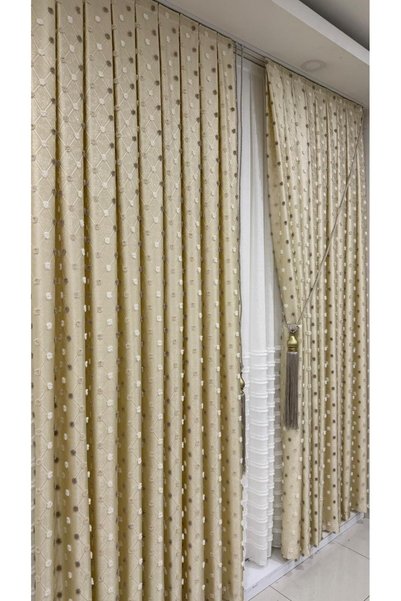 Fon Dünyası Linen Textured Cream Pompom Panel Background Curtain (Single Panel)