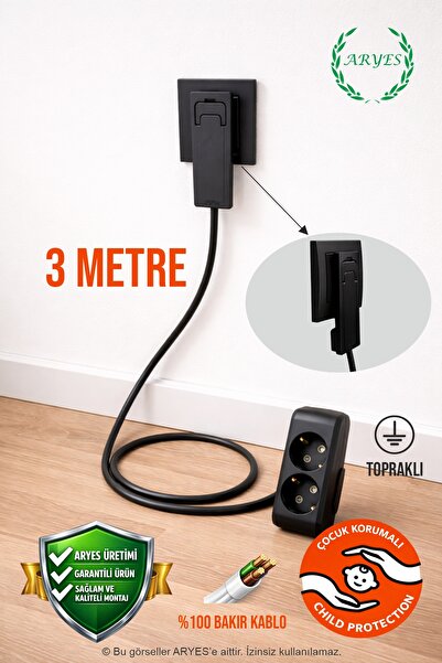 Aryes Duvara Sıfır İnce Fişli 2’li Uzatma 3 Metre | 3x1.5 mm² Bakır Kablo | S...