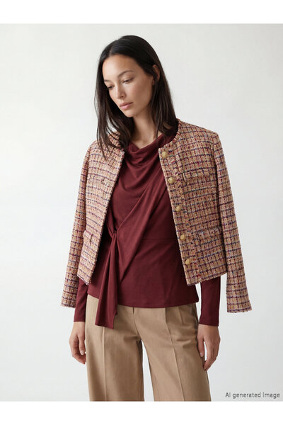 LC Waikiki Round Neck Plaid Women's Tweed Jacket