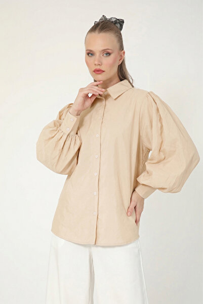 Suede Style 8199 - Stylish Comfortable Peach Balloon Sleeve Shirt
