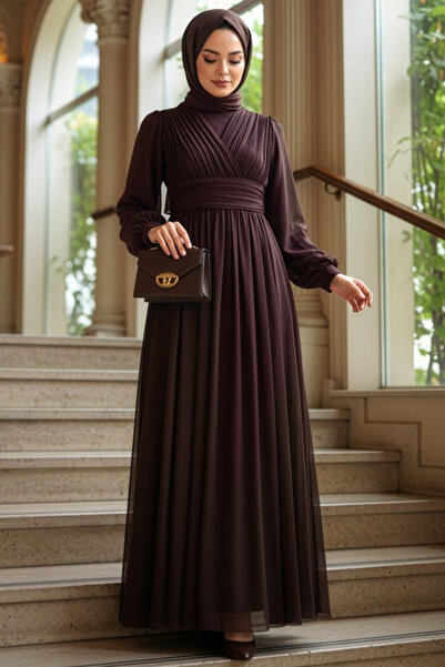 N.S NEVA STYLE Drapeli Brown Hijab Evening Dress 46321Kh