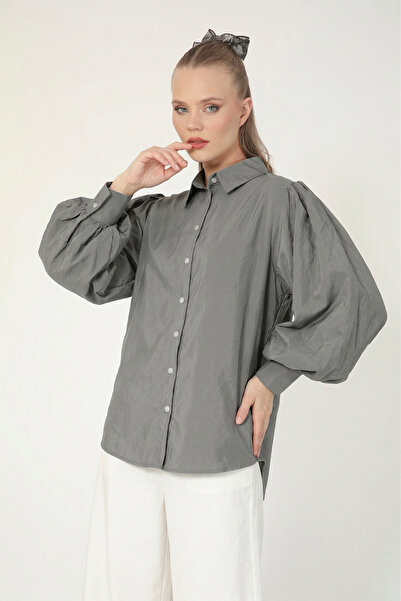 Suede Style 8199 - Stylish Comfortable Peach Balloon Sleeve Shirt
