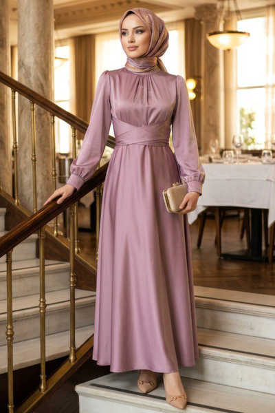 N.S NEVA STYLE Satin Dusty Rose Hijab Evening Dress 6297Gk
