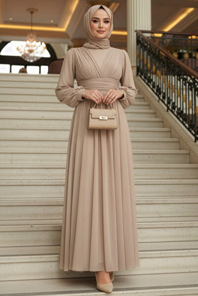 N.S NEVA STYLE Drapeli Beige Hijab Evening Dress 46321Bej