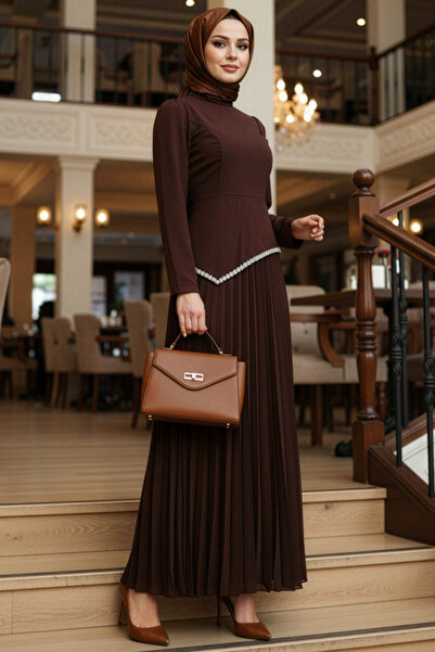 N.S NEVA STYLE Πλισέ Καφέ Βραδινό Φόρεμα Τεσεττούρ 47701KH