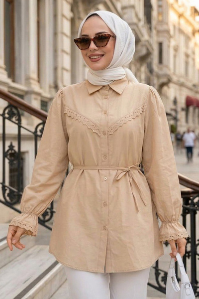N.S NEVA STYLE Beige Hijab Tunic with Lace Detail 30341Bej