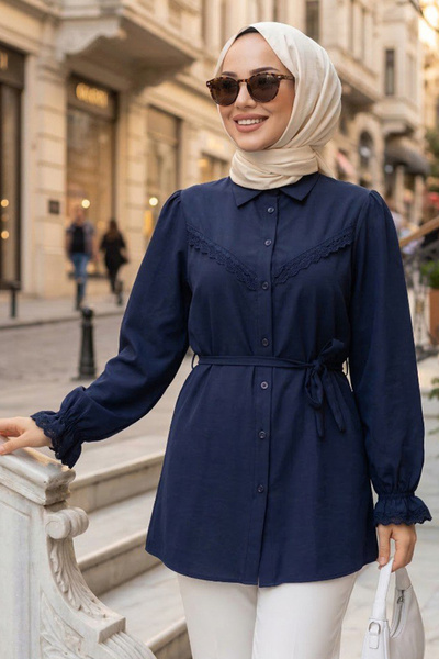 N.S NEVA STYLE Lace Detailed Navy Blue Hijab Tunic 30341L