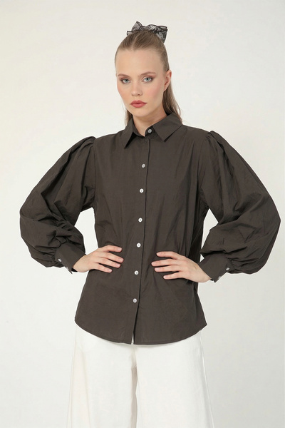 Suede Style 8199 - Stylish Comfortable Peach Balloon Sleeve Shirt