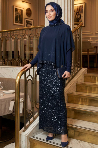 N.S NEVA STYLE Sequin-Embellished Navy Blue Hijab Evening Dress 48282L