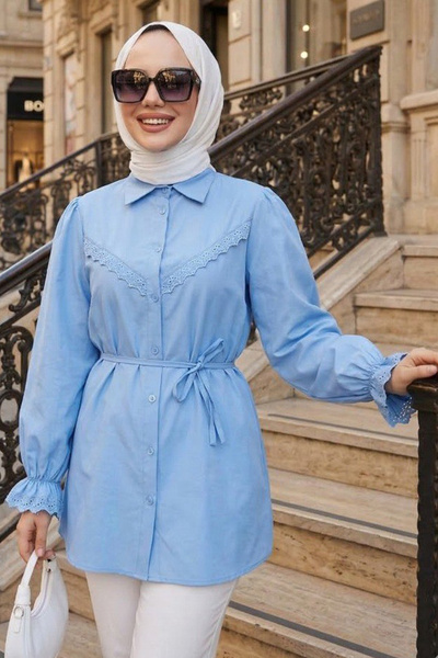 N.S NEVA STYLE Lace Detailed Blue Hijab Tunic 30341m