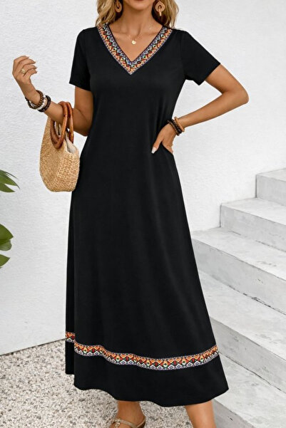 DRESSIFY WOMEN’S FASHION Γυναικείο μαύρο κοντομάνικο φόρεμα με λαιμόκοψη V κα...