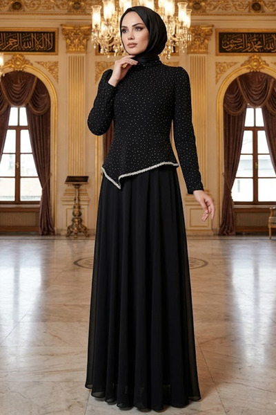 N.S NEVA STYLE Sim Detailed Black Hijab Evening Dress 4824S