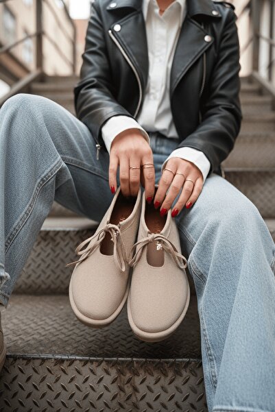 DİVOLYA Bruno Beige Women's (2 cm Heeled) Round Toe Laser Perforated Shoes Sl...