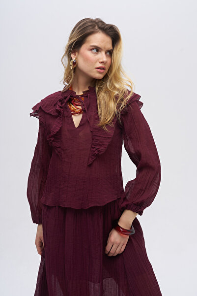 Orfeo Negro Women's Ruffled and Collar-Tied Flowy Sheer Blouse