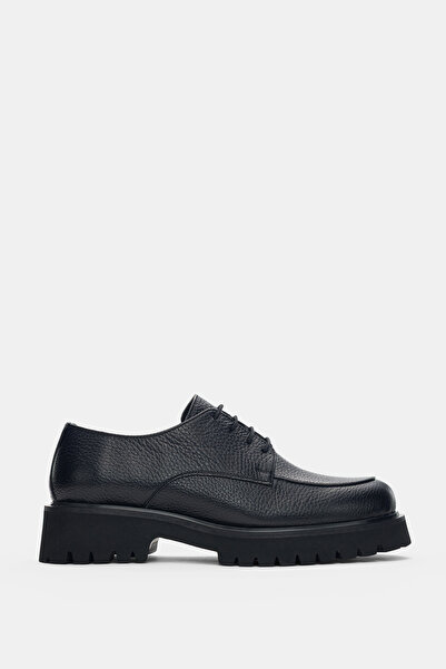 selin shoes Calder Hakiki Deri Bağcıklı Kadın Loafer- SİYAH
