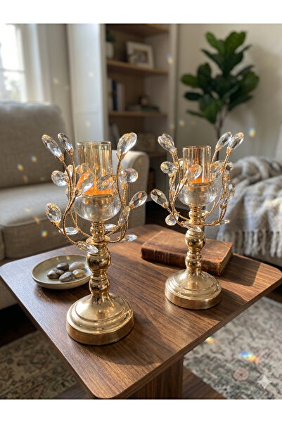 mysecrethome 2’li Kristal Sarmaşık Şamdan Gold 30x10 cm | Lüks Dekoratif Muml...