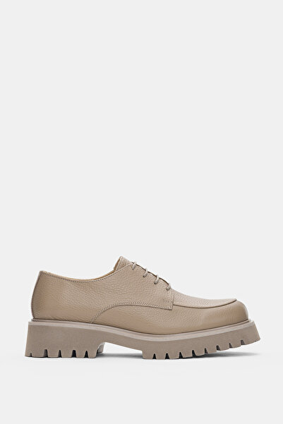 selin shoes Calder Hakiki Deri Bağcıklı Kadın Loafer- VİZON