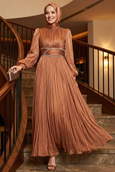 N.S NEVA STYLE Drape Detailed Camel Hijab Evening Dress 54041C