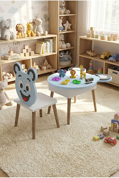 GOLDFALEZ Çocuk Masası & Çocuk Sandalyesi Happy Face Sevimli Figürlü Set Mavi
