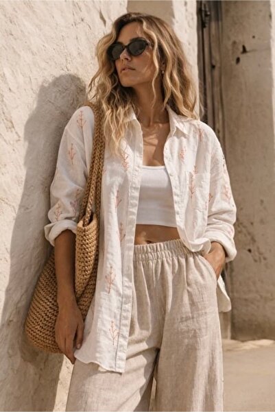 bb butik basic Women's Embroidered Linen Textured White Shirt - 100% Cotton L...