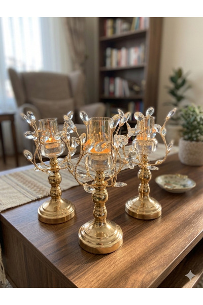 mysecrethome 3’lü Kristal Sarmaşık Şamdan Gold 30x10 cm | Lüks Dekoratif Muml...