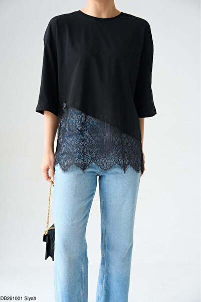 Moda Asrın Dantel Detay Tshirt SİYAH