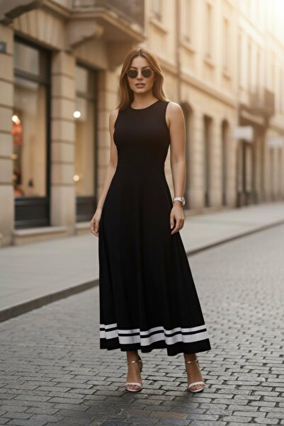 Mossta Round Neck Viscose Dress with Striped Hem - Black