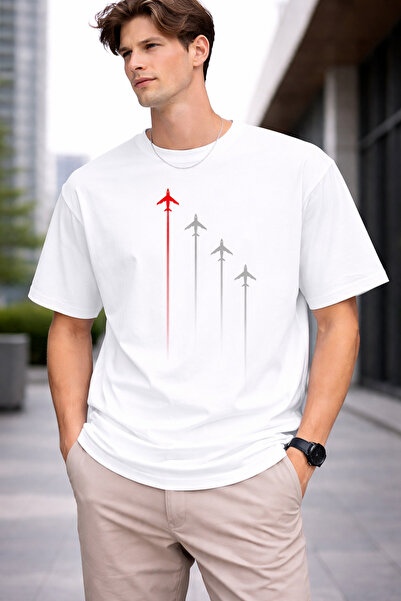 VODEXA Ανδρικό T-Shirt Oversize 4 UÇAK με στάμπα, 100% βαμβακερό, άνετη εφαρμογή