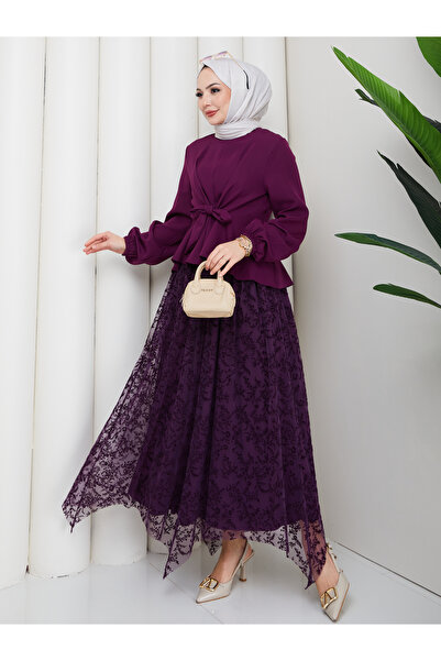 EFSUN MODA Women's Flock Patterned Tulle Skirt Set with Lining and Lace