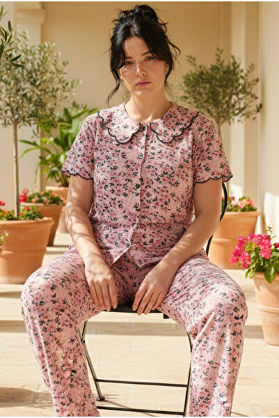 Siyah İnci Powder Flower Collared Large Size Oversized Buttoned Ribbed Camiso...