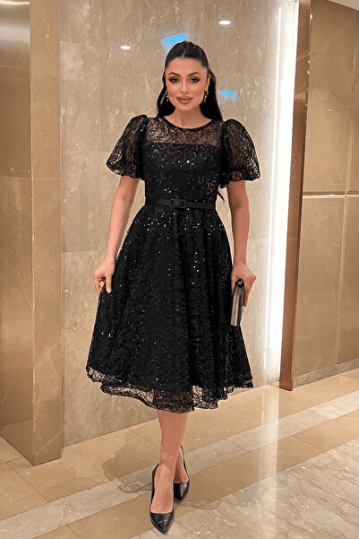 giyimmasalı Sequin Fabric Balloon Sleeve Midi Dress - Black