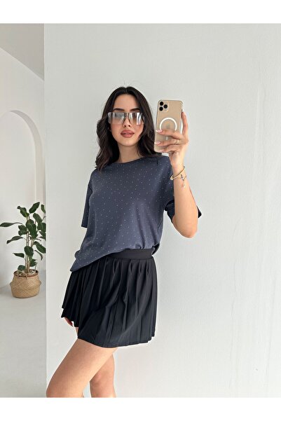 Elaxi Γυναικείο μπλουζάκι με κοντό μανίκι και λεπτομέρεια από πέτρα, λαμπερό