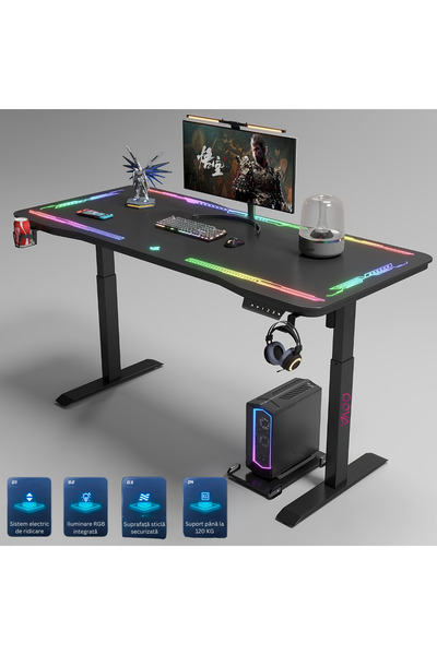 Qova RGB Gaming Desk, Electric Height Adjustable, QOVA®, Tempered Glass Top, ...