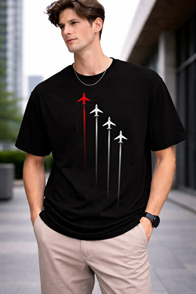 VODEXA Ανδρικό T-Shirt Oversize 4 UÇAK με στάμπα, 100% βαμβακερό, άνετη εφαρμογή