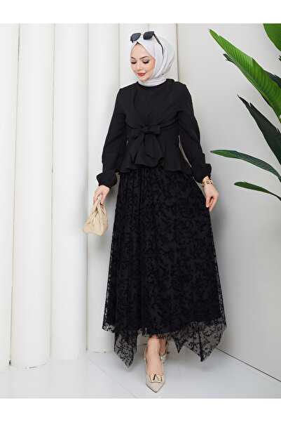 EFSUN MODA kadın flok desenli tül etekli takım astarlı dantel