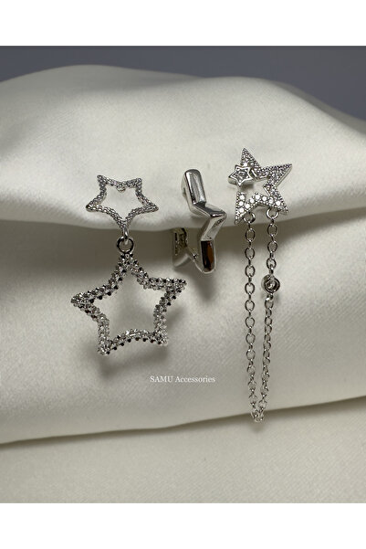 Samu Accessories 3-Piece Asymmetrical Star Steel Earring Set - Silver 3-Piece...