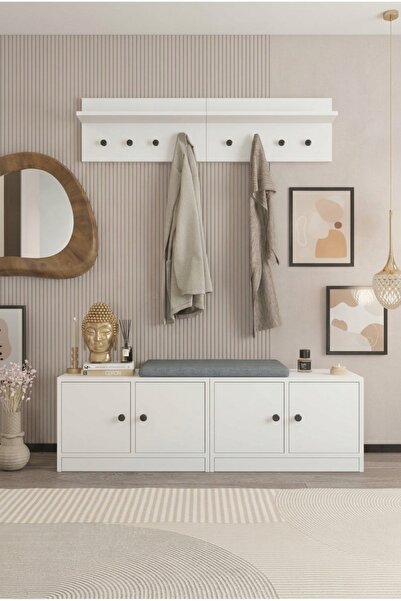 FOR WOMAN DESİGN Ahşap 4 Kapaklı Portmanto Ayakkabılık Oturma Minderli Vestiy...