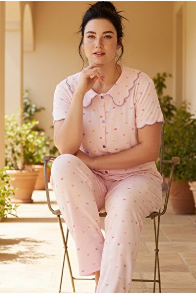 Siyah İnci Pink Floral Collared Plus Size Oversized Buttoned Ribbed Camisole ...