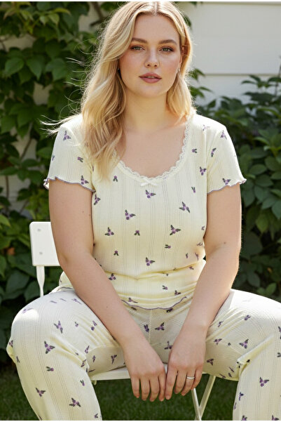 Siyah İnci Κίτρινο λουλουδάτο Βαμβακερό Pointel Διάτρητο/Διάτρητο Πλεκτό Σετ ...