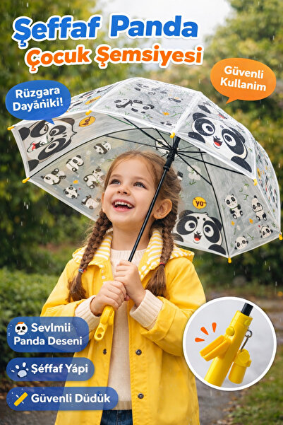 Fixida Şeffaf Panda Desenli Çocuk Şemsiyesi – Düdüklü Güvenli Tutma Sapı, Rüz...