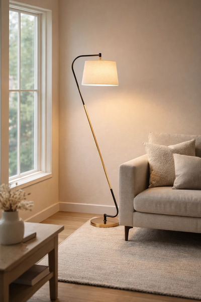 MARIA HOMES Modern Tilted Floor Lamp with Fabric Shade and Metal Base for Liv...