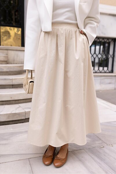 mj style Beige Elastic Waist Flared Skirt