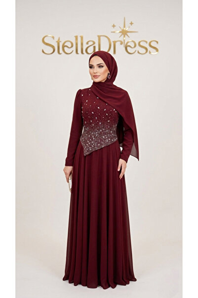 Butik Taşlı Abiye Bordo