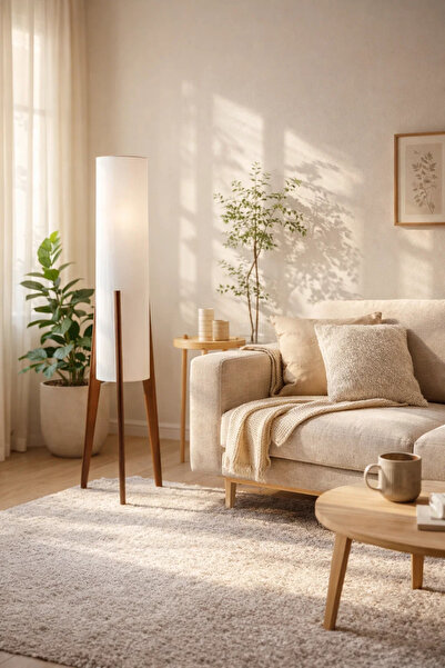 MARIA HOMES Modern Floor Lamp with Fabric Shade and Wooden Tripod Legs for Ho...