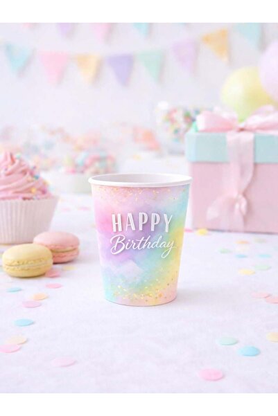 Parti Adresi Happy Birthday Temalı Bardak Makaron Doğum Günü Karton Bardağı 8'li