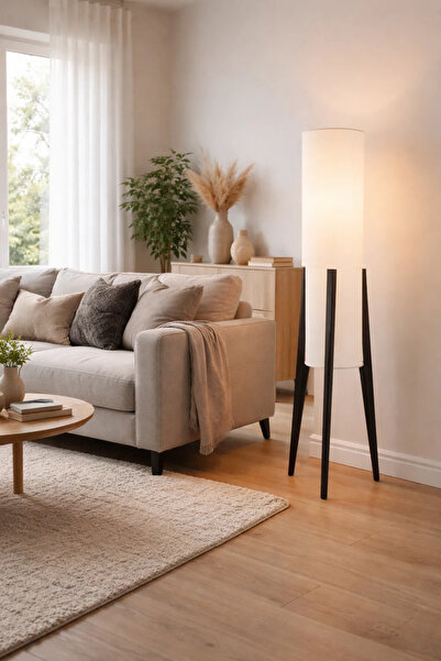 MARIA HOMES Modern Floor Lamp with Fabric Shade and Black Wooden Tripod Legs ...